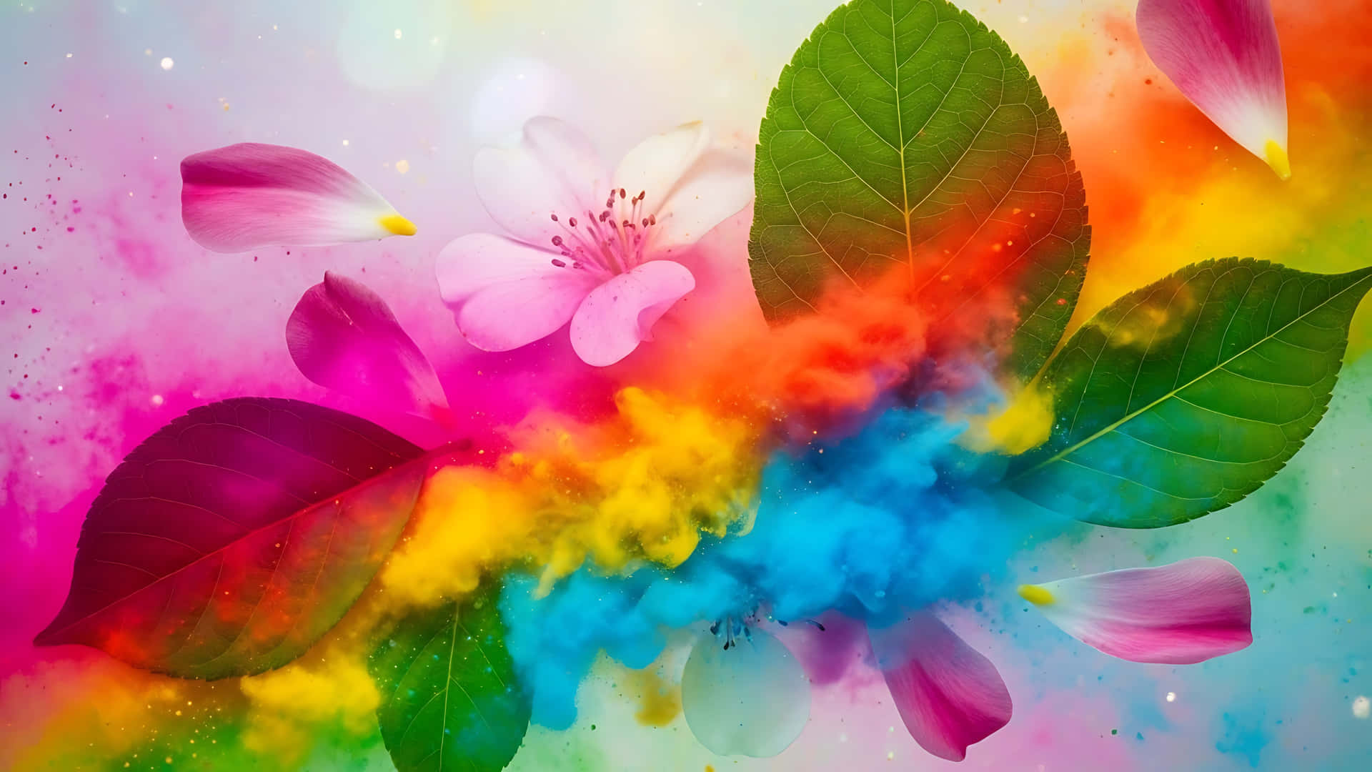 Vibrant floral abstract with multicolored blooms and leaves 壁紙 — 鮮豔的彩虹粉末在粉紅櫻花和綠葉周圍爆炸，背景為柔和漸變色。
