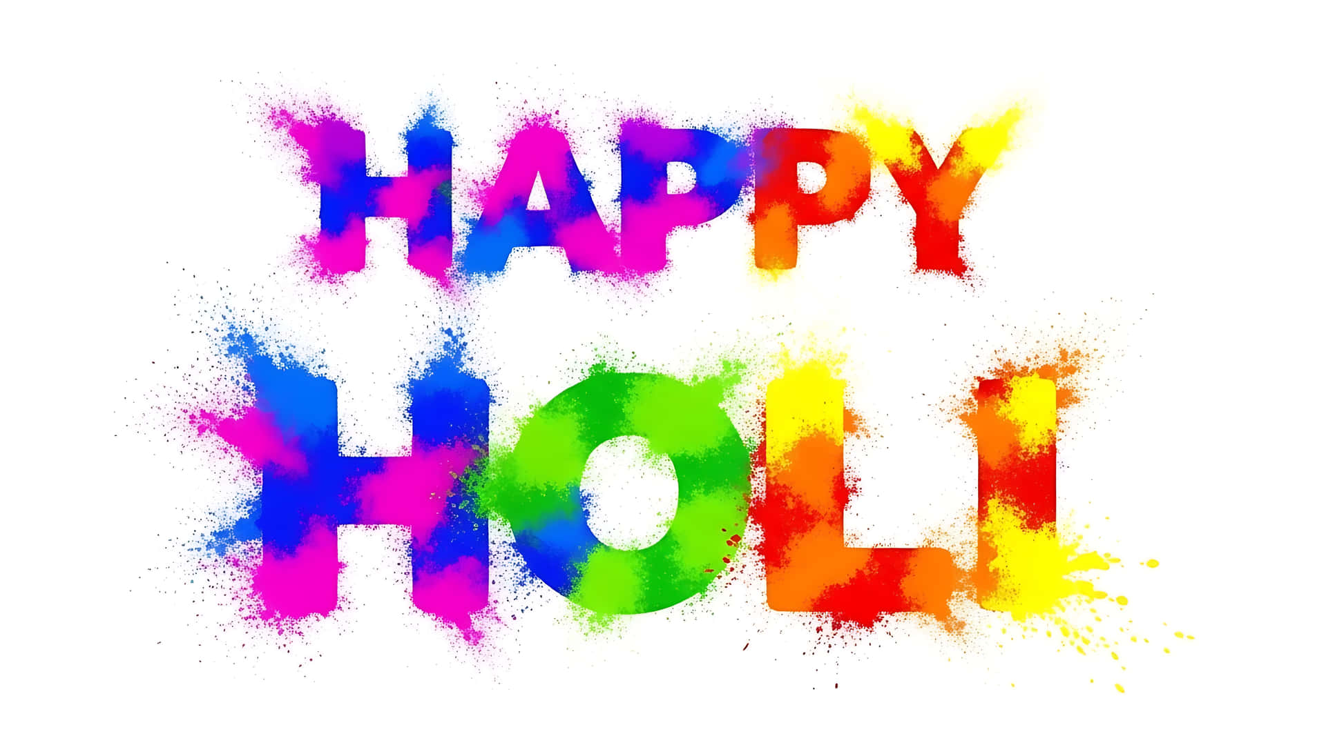 Vibrant holi celebration greeting 壁紙 — 鮮豔的彩虹粉末飛濺在純白背景上形成「HAPPY HOLI」字樣。