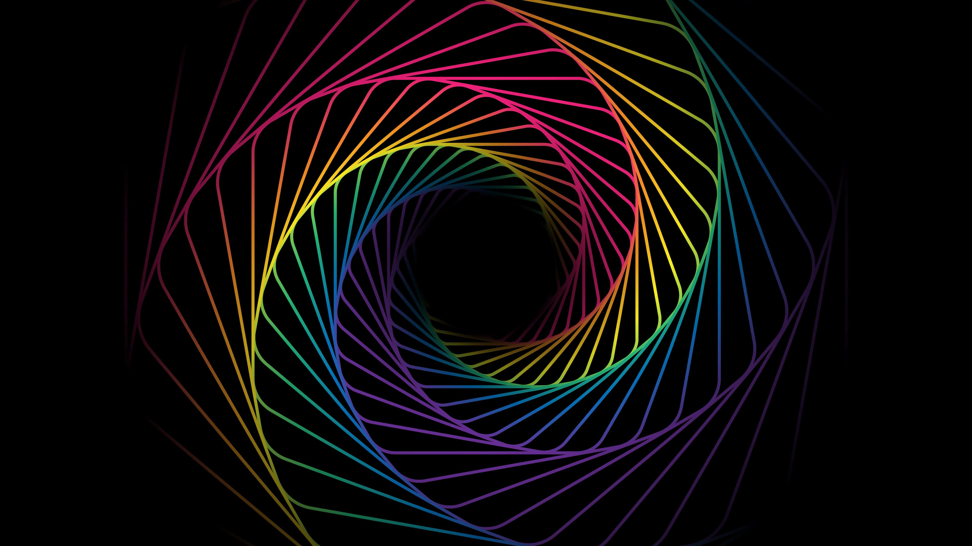 Swirl 桌布 壁紙 — 鮮豔的彩虹線條在黑色背景上向內螺旋，產生催眠般的漩渦效果。