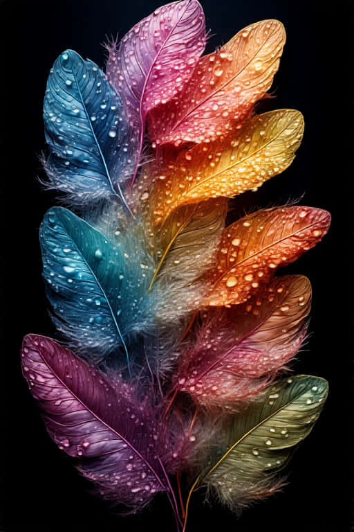 Colorful Feather Art Vibrant Abstract 4K 壁紙 — 鮮豔的彩虹羽毛在漆黑的背景下閃爍著露珠，構成令人驚嘆的數位藝術作品。