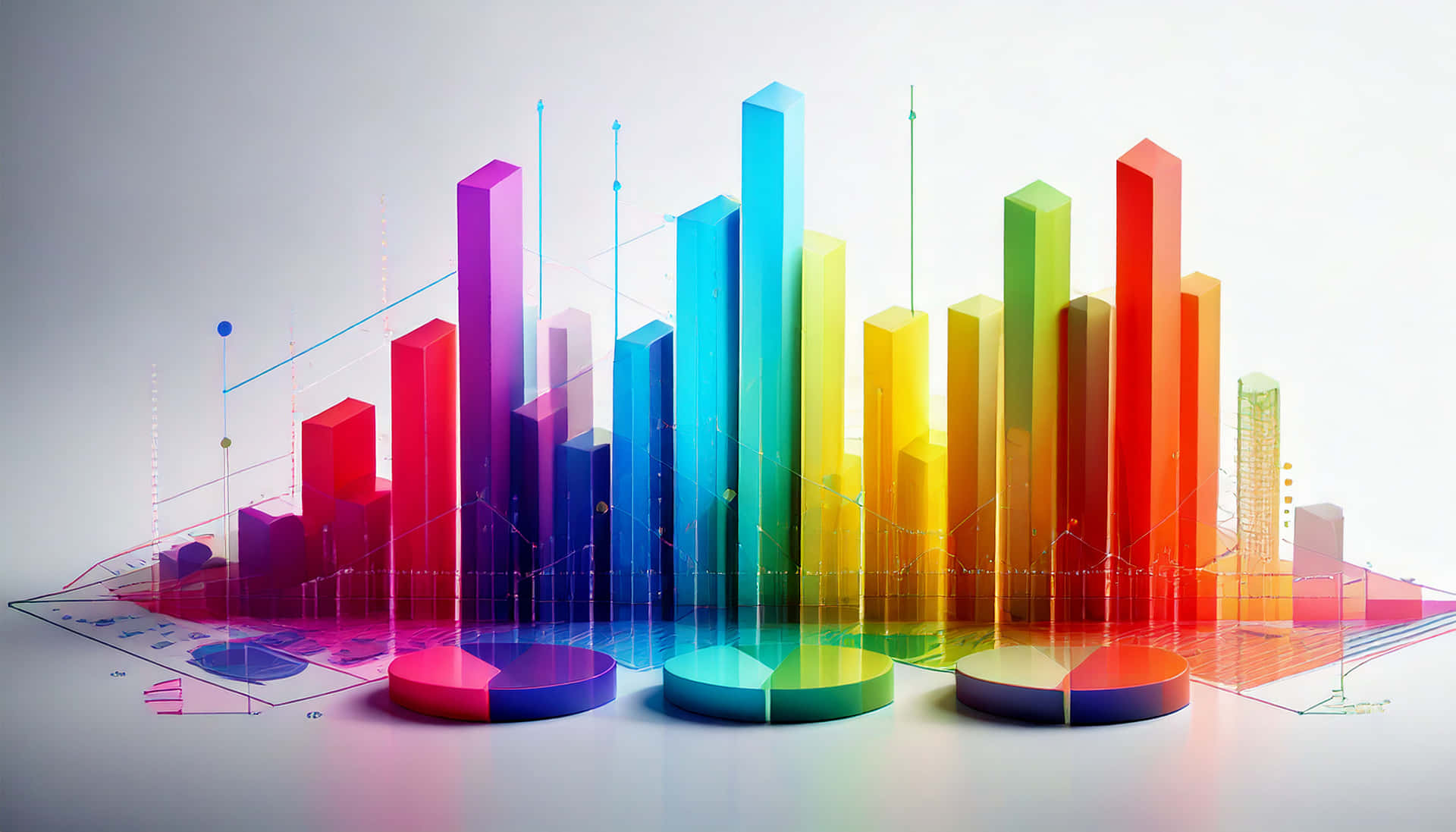 Data Visualization 壁紙 — 鮮豔的彩虹色 3D 長條圖和圓餅圖漂浮在發光的數據網格上方，背景為柔和的白色。