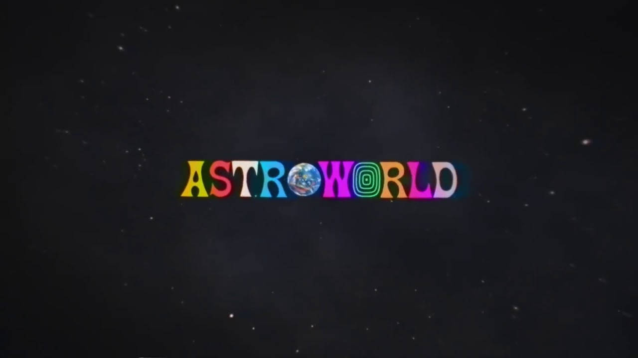 崔維斯·史考特 桌布 壁紙 — 鮮豔的彩虹色 'ASTROWORLD' 文字漂浮在星光燦爛的宇宙背景上，地球取代了字母 O。