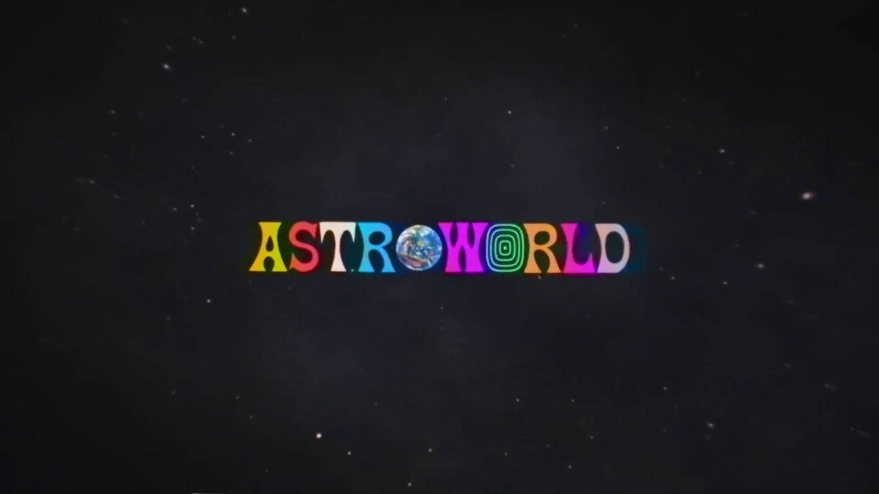 Astroworld 桌布 壁紙 — 鮮豔的彩虹色「ASTROWORLD」文字漂浮在星空宇宙背景上，地球取代了字母O。