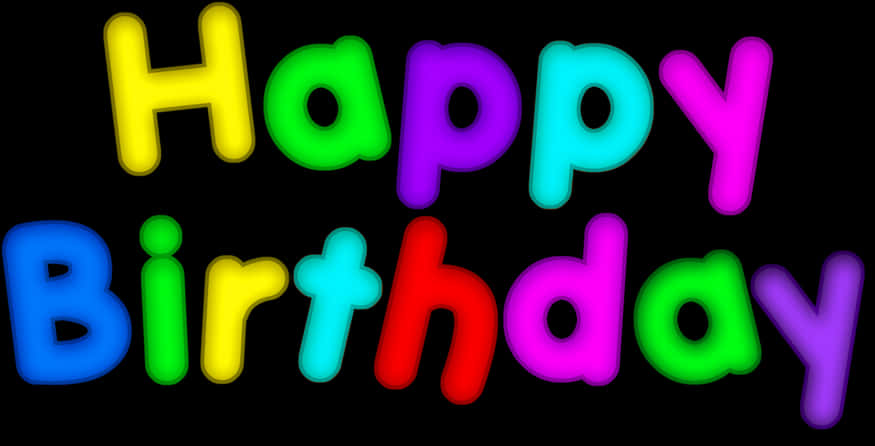 生日快樂 桌布 壁紙 — 鮮豔的彩虹色「Happy Birthday」文字在純黑色背景上發光，帶有柔和陰影。