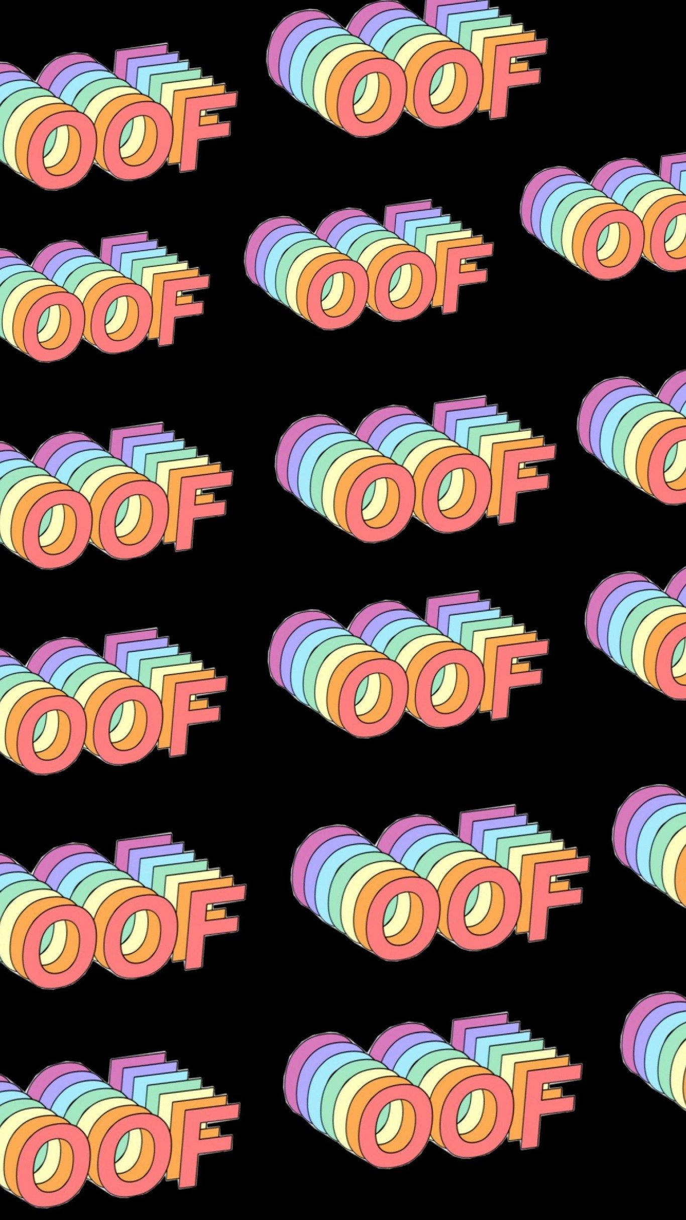 Vsco 桌布 壁紙 — 鮮豔的彩虹色「OOF」文字以3D風格在黑色背景上重複。