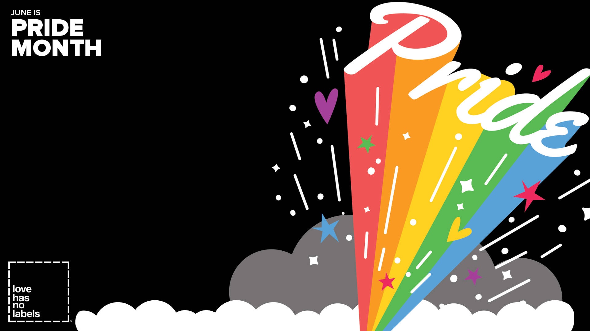 Lgbt 桌布 壁紙 — 鮮豔的彩虹色 'Pride' 文字從雲層中迸發出來，背景為黑色，帶有星星、心形和 'June is Pride Month' 文字。