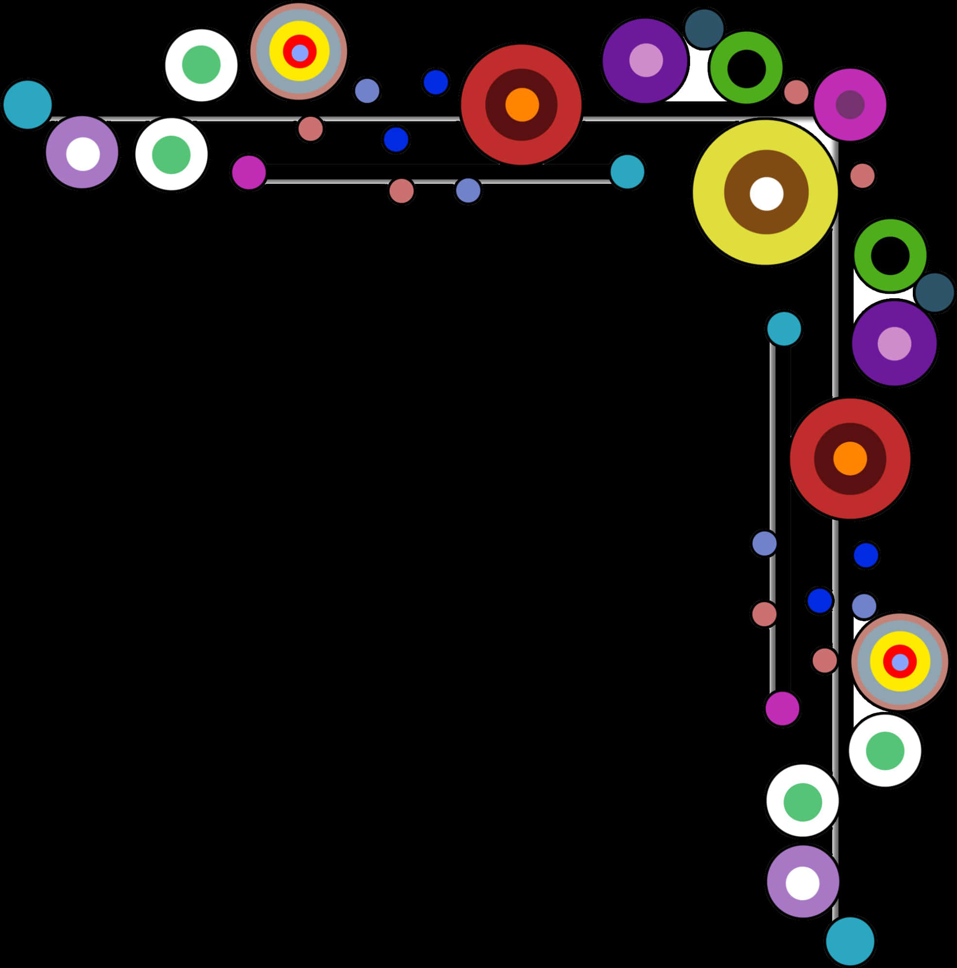 Graphics Design 桌布 壁紙 — 鮮豔的彩虹色同心圓在純黑背景上形成動態的角落框架。