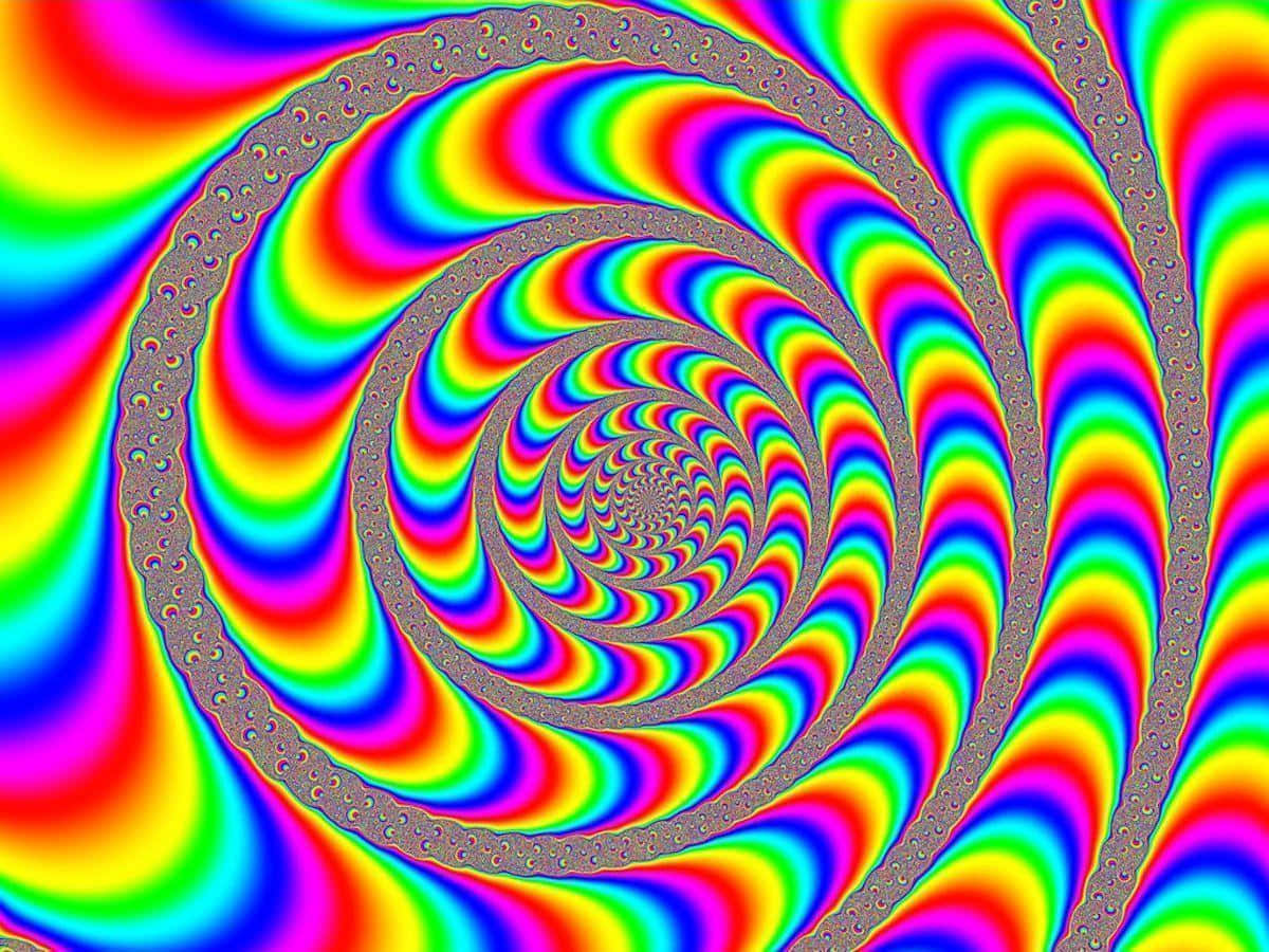 Trippy 3d Art 桌布 壁紙 — 鮮豔的彩虹色向內螺旋，形成催眠般的碎形圖案，帶有金屬灰色邊框。