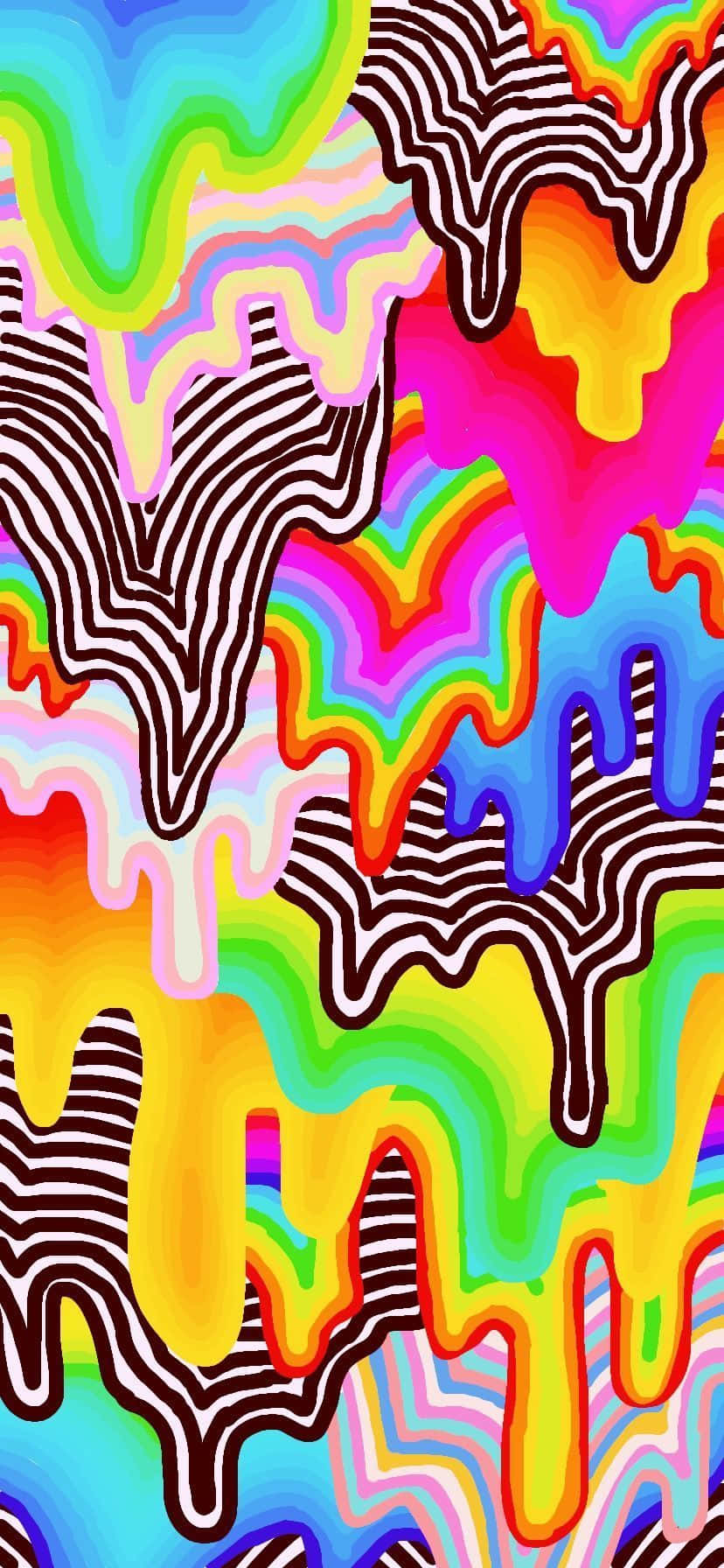 桌布 壁紙 — 鮮豔的彩虹色彩在醒目的黑白條紋線上滴落並流動成波浪圖案，創造出迷幻的數位藝術作品。