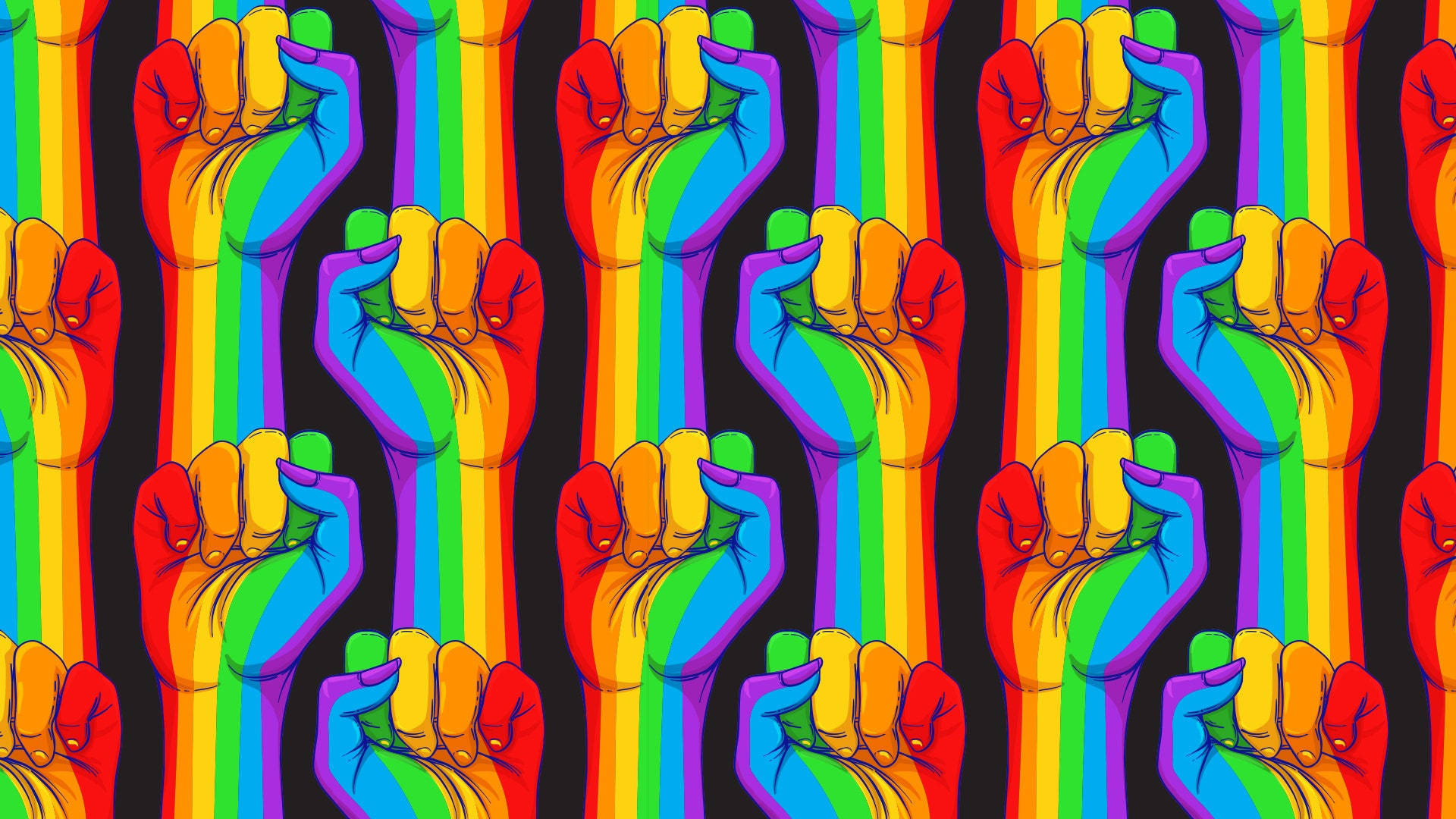 LGBT 桌布 壁紙 — 鮮豔的彩虹色拳頭在黑色背景上以重複圖案團結高舉。