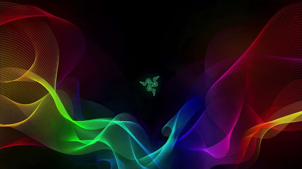 RGB 桌布 壁紙 — 鮮豔的彩虹色數位波浪在黑色背景上動態流動，中央有一個發光的綠色Razer標誌。