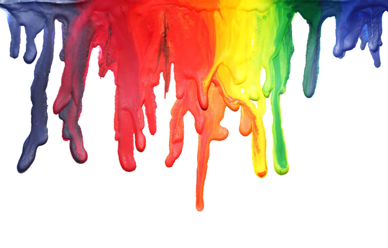 paint 桌布 壁紙 — 鮮豔的彩虹色油漆滴在純白背景上如瀑布般流下，形成大膽的抽象展示。