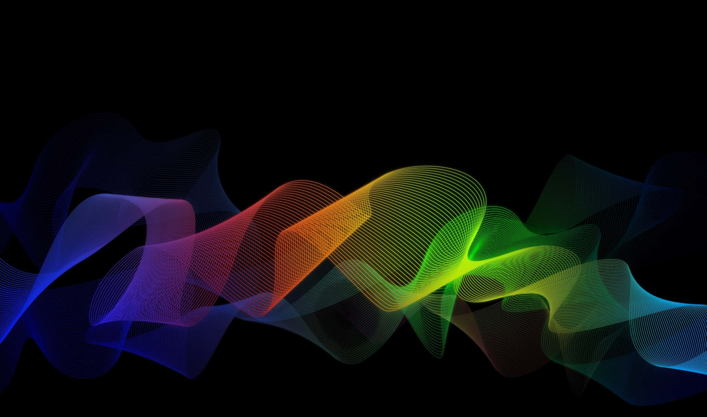 waves 桌布 壁紙 — 鮮豔的彩虹色波浪線條在純黑背景上優雅流動，形成數位抽象設計。
