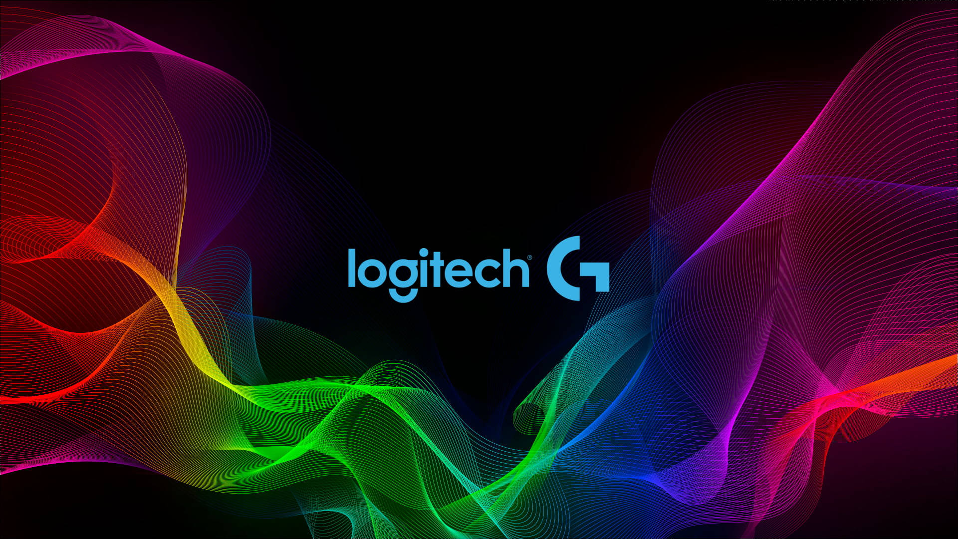 Logitech 桌布 壁紙 — 鮮豔的彩虹色流動線條在黑色背景上動態地環繞著發光的藍色 Logitech G 標誌。