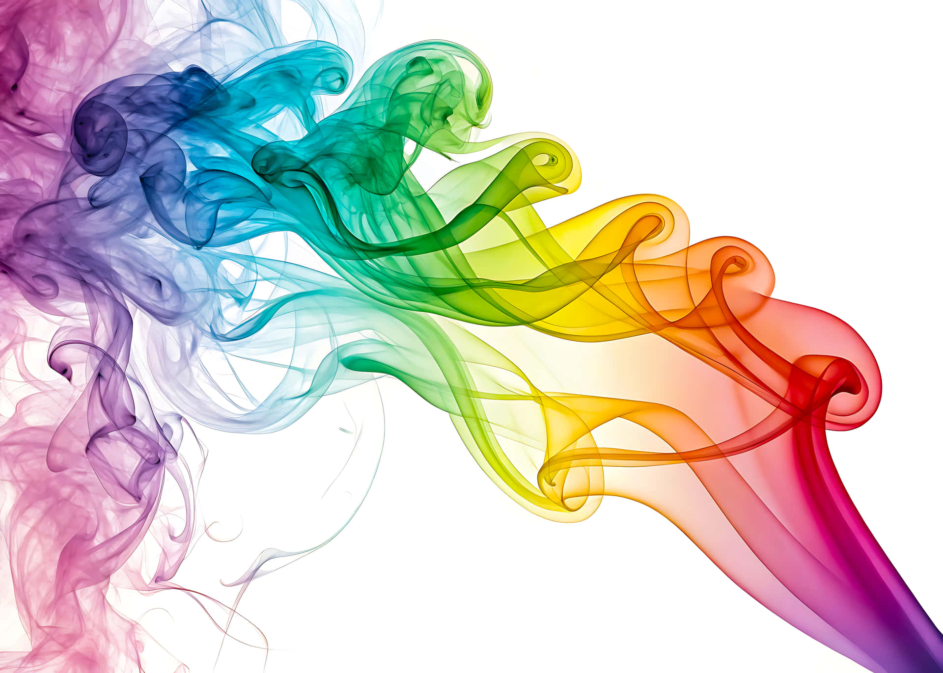 Abstract colorful smoke swirls with smooth, dynamic motion, creating a rainbow wave of colored ligh 壁紙 — 鮮豔的彩虹色煙霧在純白色背景上優雅地流動，形成旋轉的半透明絲帶。