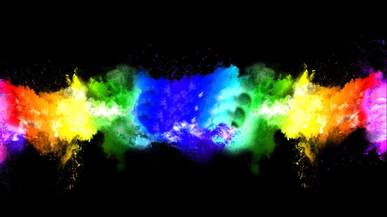 RGB 桌布 壁紙 — 鮮豔的彩虹色粉末在純黑色背景上水平爆炸，形成充滿活力的色調動態爆發。