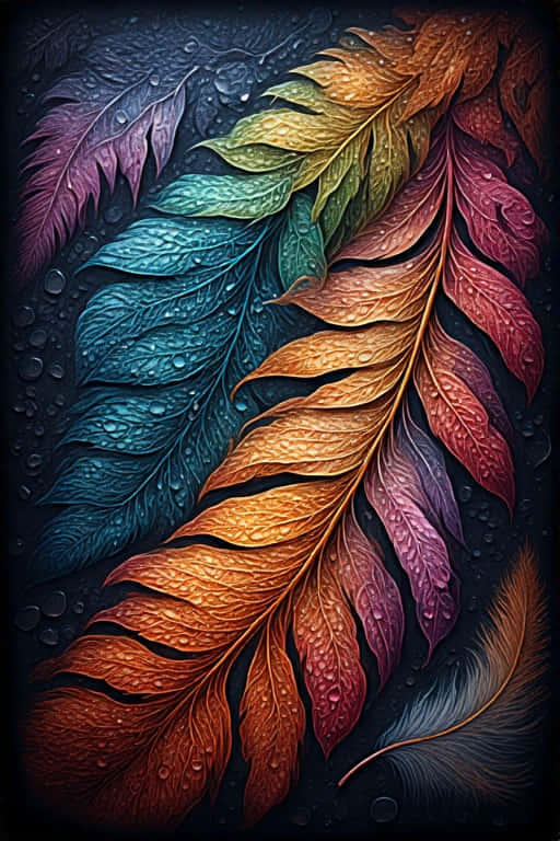 Colorful Feather Art Vibrant Abstract 4K 壁紙 — 鮮豔的彩虹色羽毛帶有露珠，在深色紋理背景上對角線傾瀉而下。