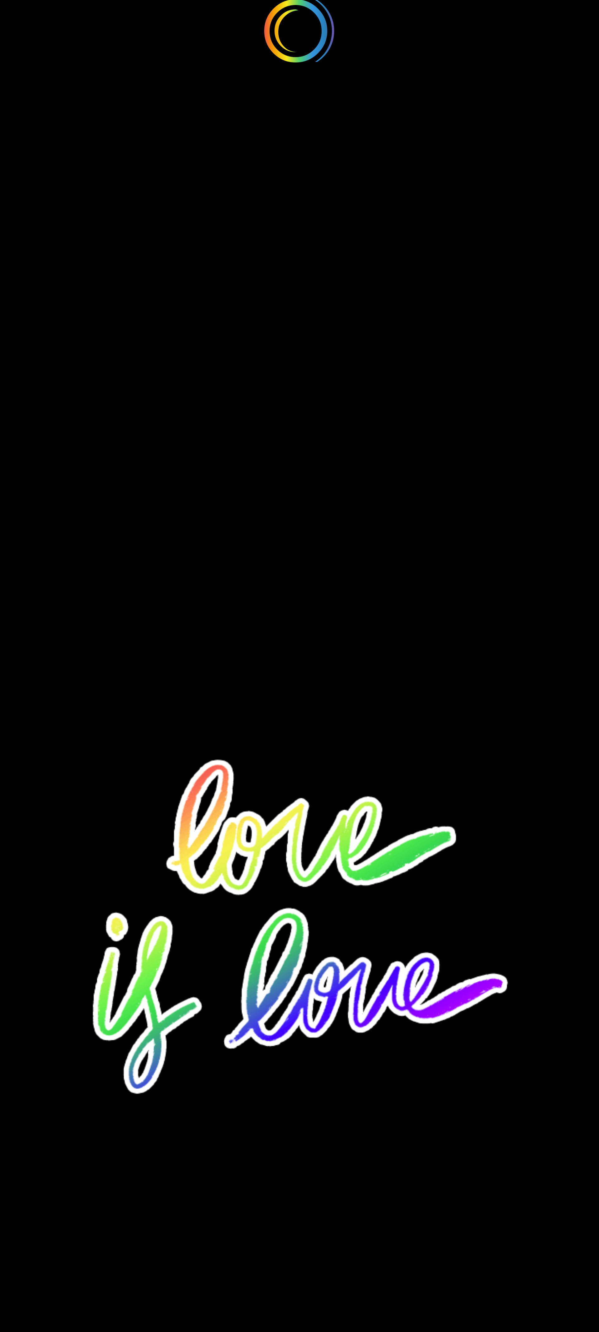 愛情語錄 桌布 壁紙 — 鮮豔的彩虹色草書文字 love is love 居中顯示在純黑色背景上。