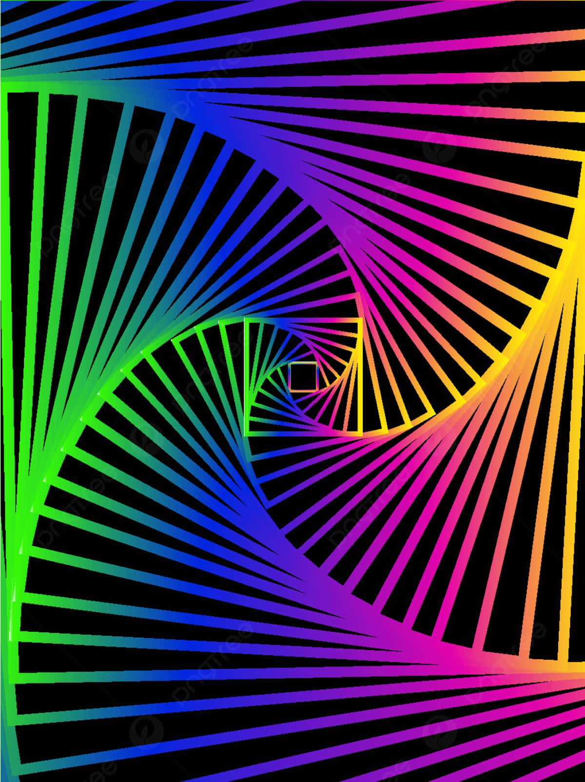 Optical Illusions 桌布 壁紙 — 鮮豔的彩虹色螺旋線條在黑色背景上向外輻射，營造出催眠般的視錯覺。