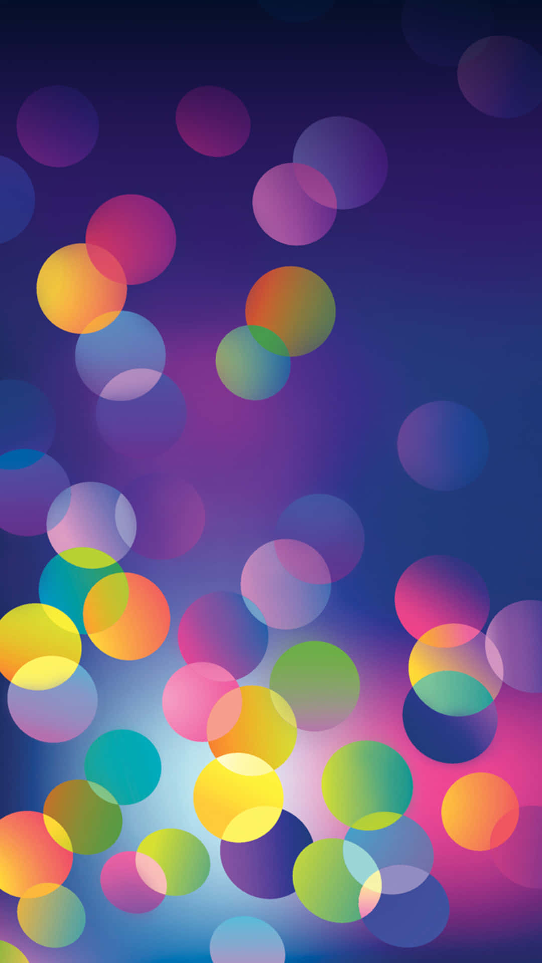 Color Phone 桌布 壁紙 — 鮮豔的彩虹色重疊圓圈漂浮在漸變紫藍色背景上。