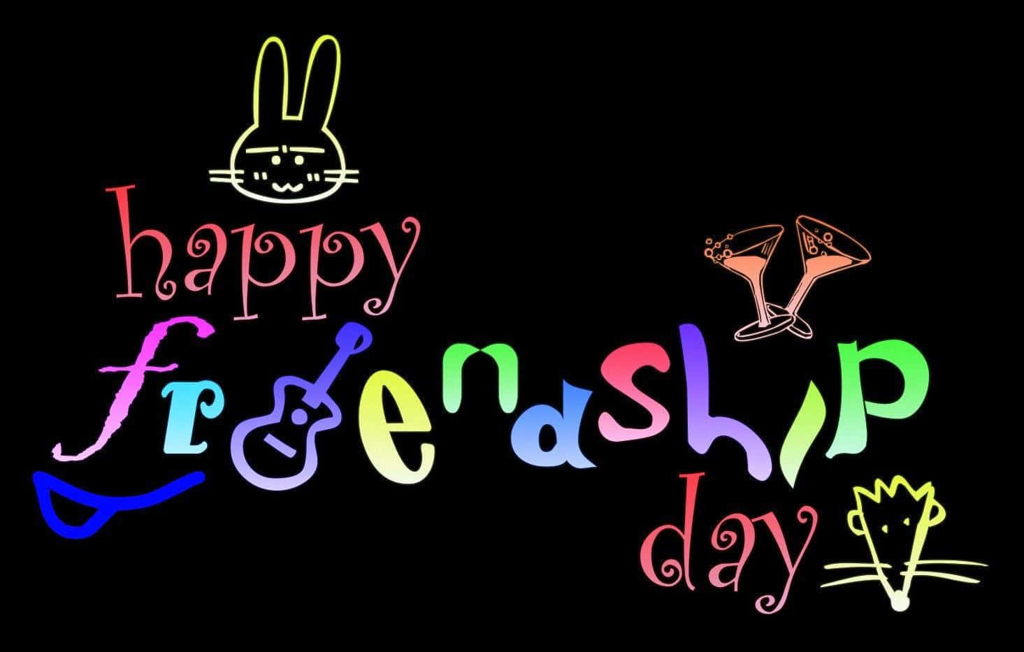 Friendship Day 桌布 壁紙 — 鮮豔的彩虹色霓虹風格文字拼出「happy friendship day」，並在黑色背景上配有兔子、吉他、雞尾酒和皇冠等有趣圖標。