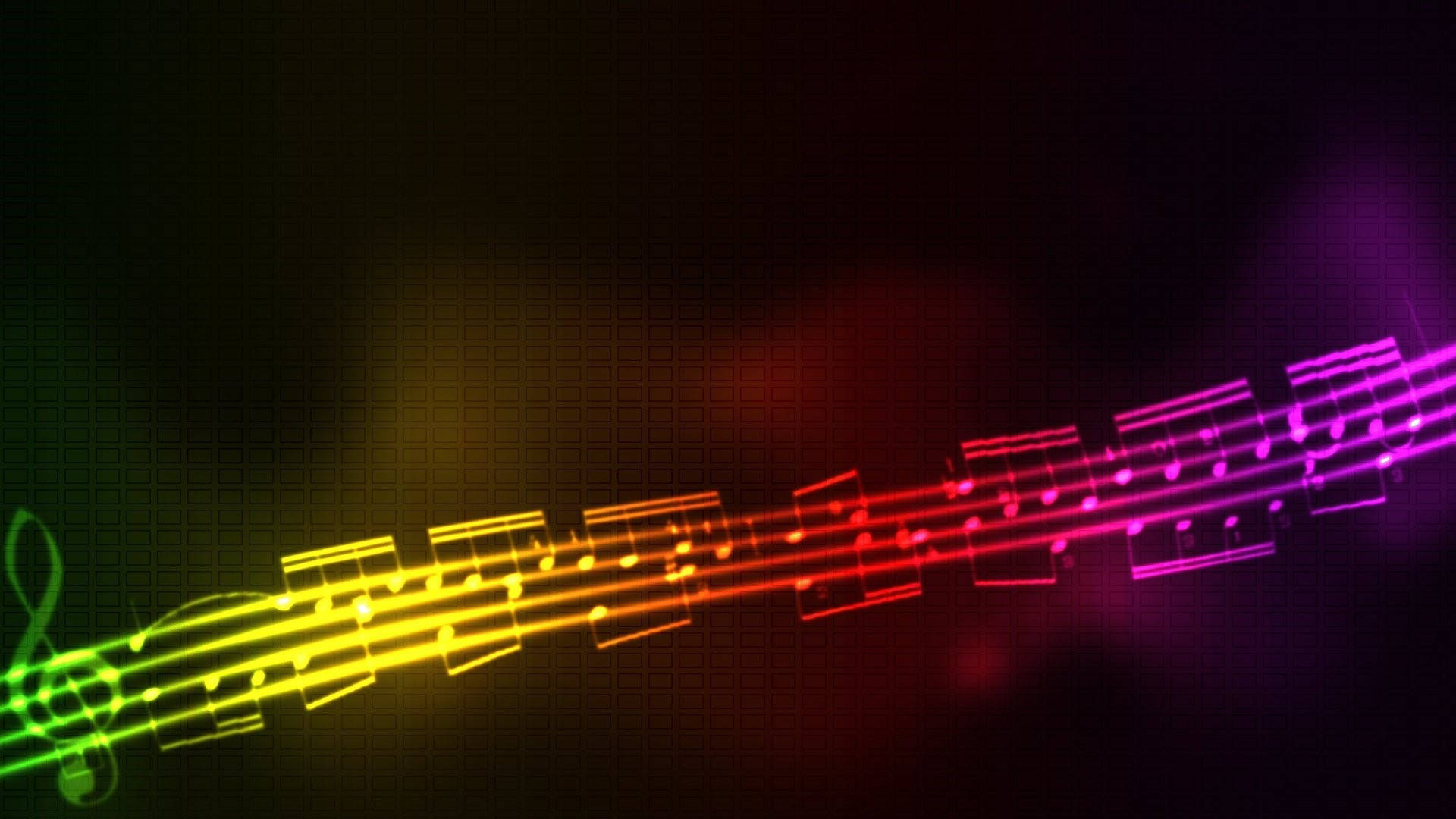 Music Aesthetic 桌布 壁紙 — 鮮豔的彩虹色音符和五線譜在深色漸變背景上對角延伸，邊緣發光。