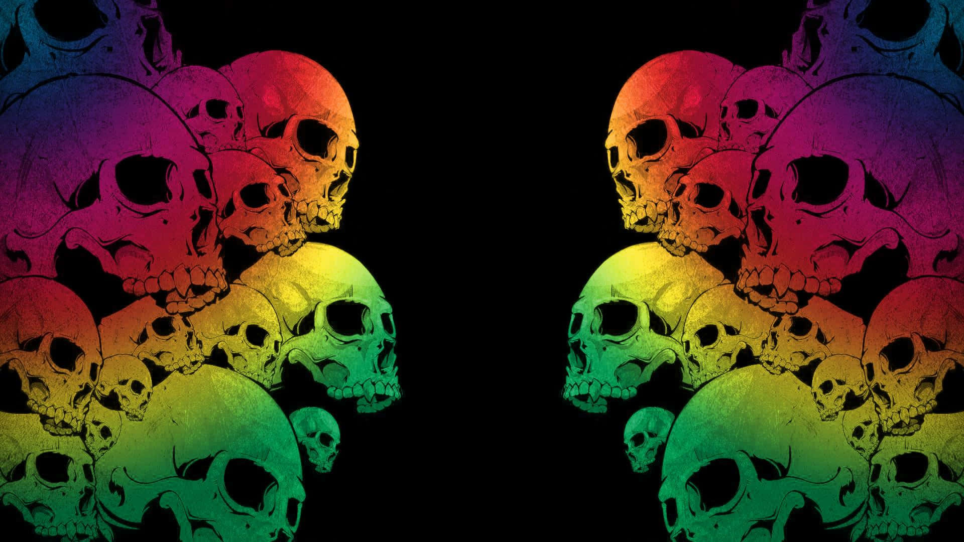 skulls 桌布 壁紙 — 鮮豔的彩虹色骷髏頭以鏡像形式堆疊在純黑背景上。
