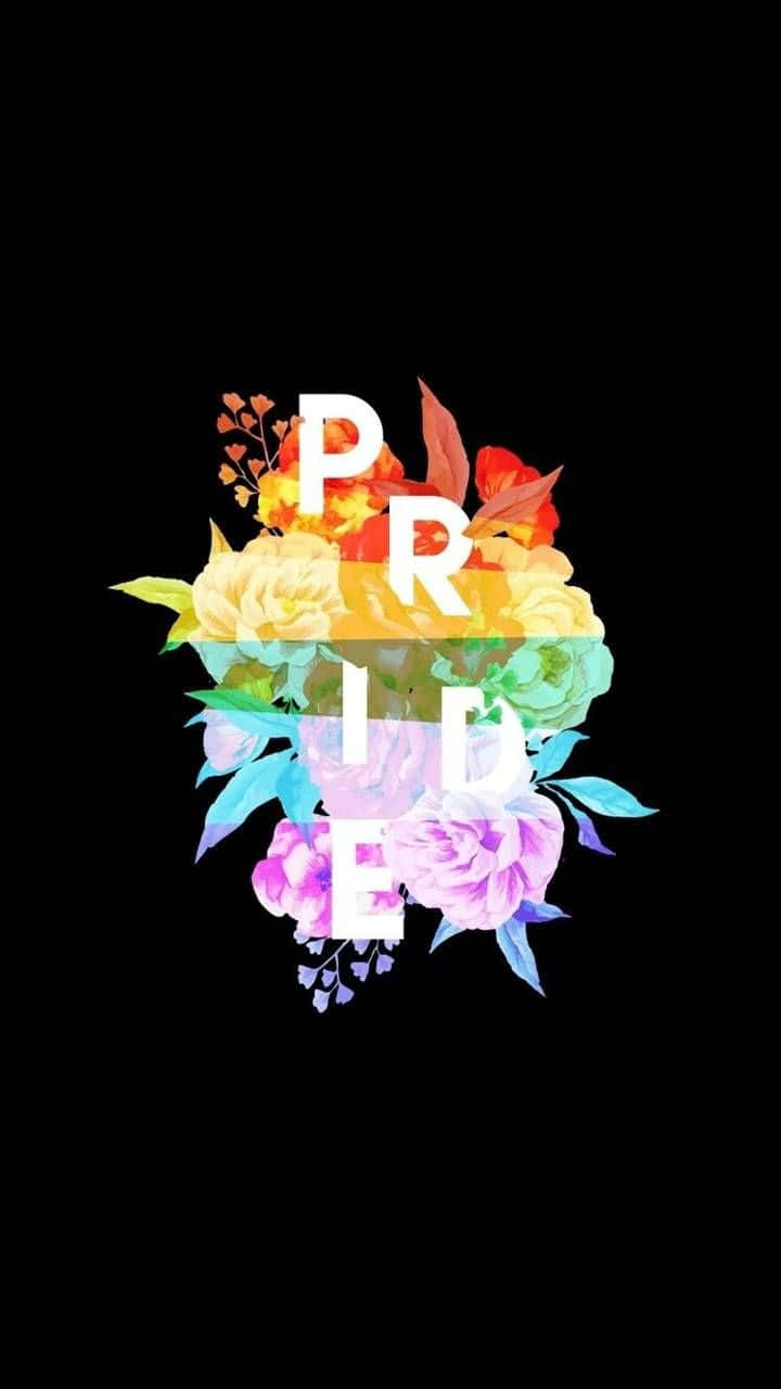720x1280 桌布 壁紙 — 鮮豔的彩虹花朵在黑色背景上拼出PRIDE的粗體白色字母後方綻放。