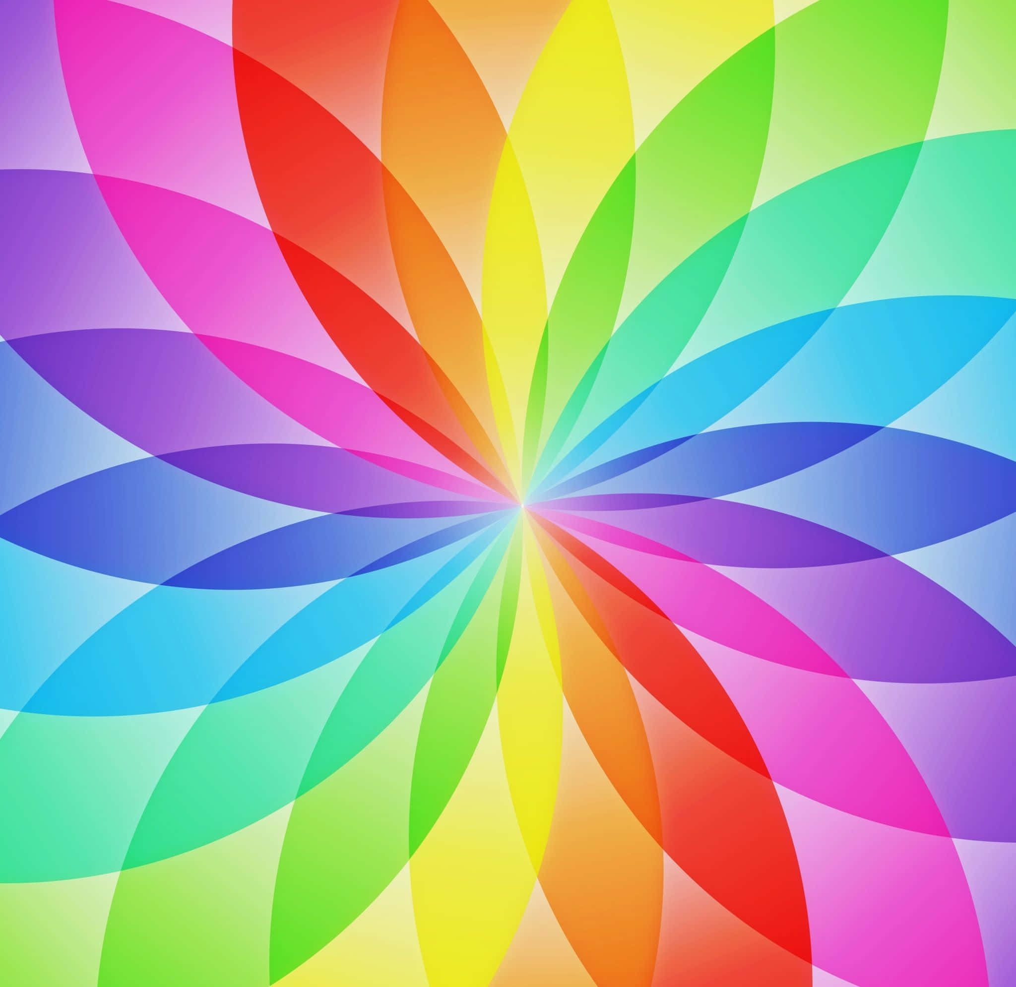 Rainbow Colours 桌布 壁紙 — 鮮豔的彩虹花瓣從明亮的中心以對稱的色輪圖案向外輻射。