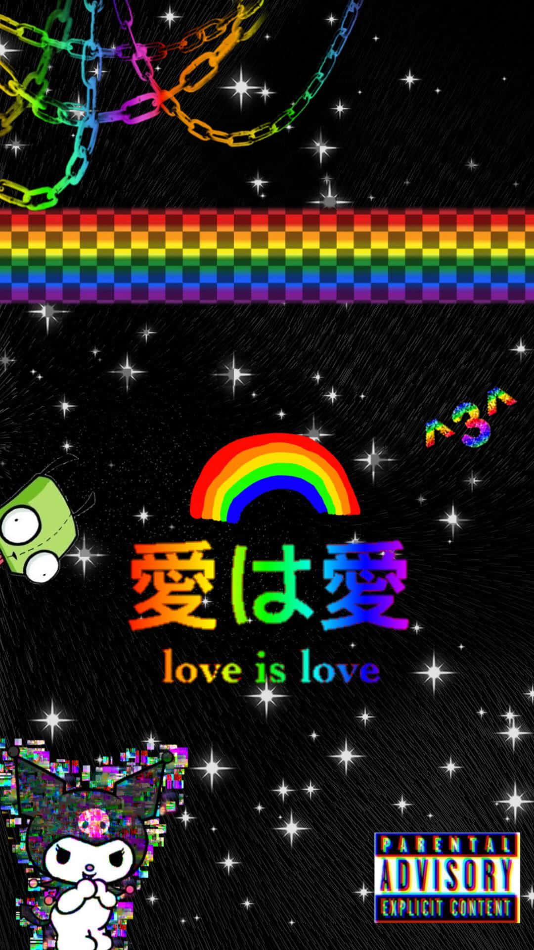彩虹 桌布 壁紙 — 鮮豔的彩虹鏈條和星星點綴在黑色背景上，帶有「love is love」文字和動漫角色。