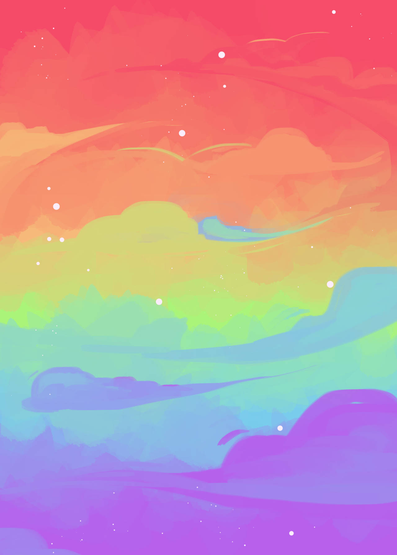 Colorful Aesthetic 桌布 壁紙 — 鮮豔的彩虹雲朵在夢幻般的天空中旋轉，點綴著閃爍的星星，採用柔和的水彩風格。