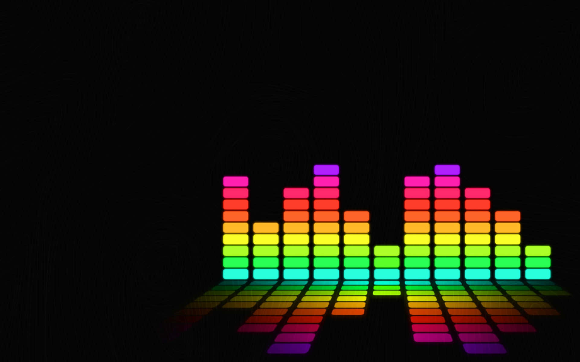 Spectrum 桌布 壁紙 — 鮮豔的彩虹音頻均衡器條在黑色背景上發光，在地板上投射出色彩繽紛的反射。