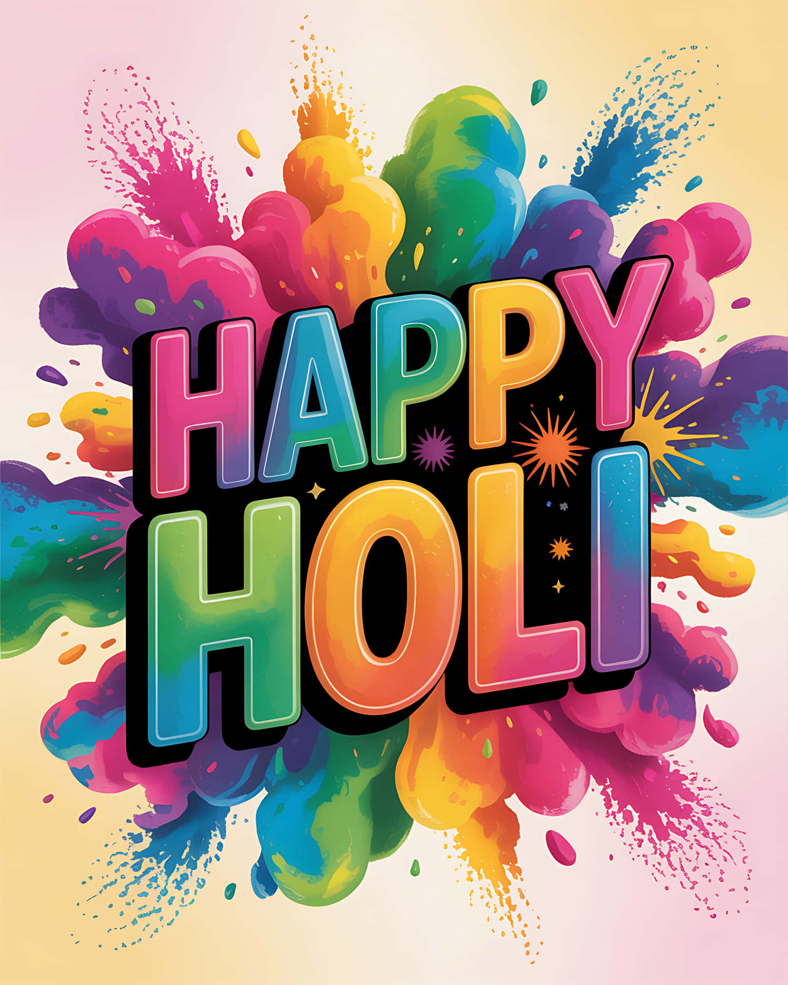 Vibrant holi celebration with colorful text 壁紙 — 鮮豔的彩虹顏料噴濺在柔和粉彩背景上，圍繞著粗體漸變文字 'HAPPY HOLI' 爆發開來。