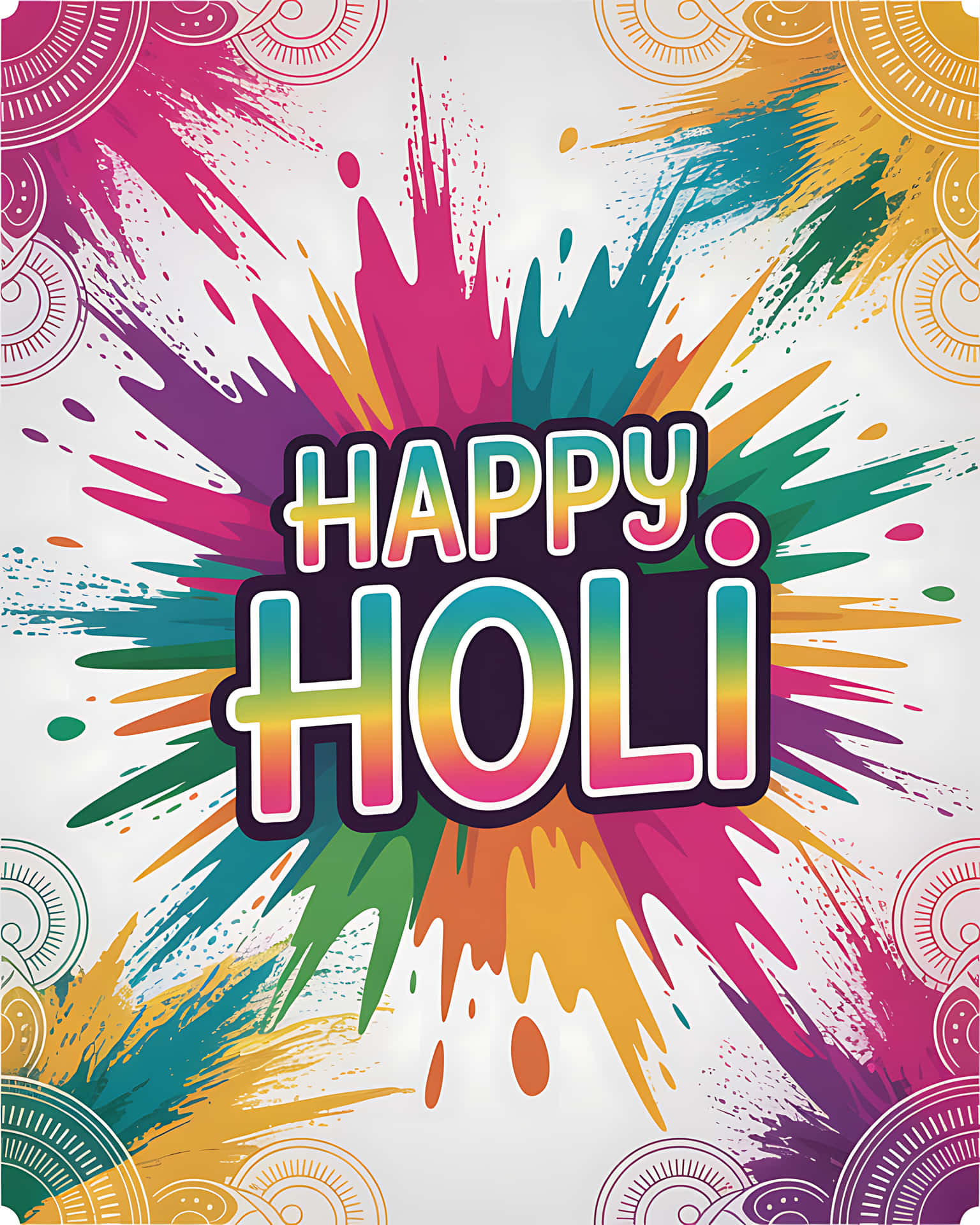 Vibrant holi celebration with colorful flower design 壁紙 — 鮮豔的彩虹顏料噴濺在粗體彩虹漸變文字 'HAPPY HOLI' 後方爆發，背景為白色並帶有裝飾性曼陀羅圖案。