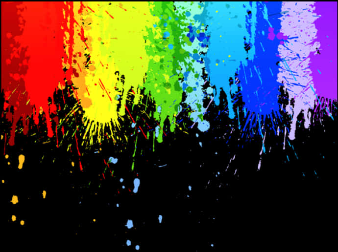 Paint Splatter 桌布 壁紙 — 鮮豔的彩虹顏料飛濺在純黑背景上層層疊落，形成大膽的抽象色彩爆發。