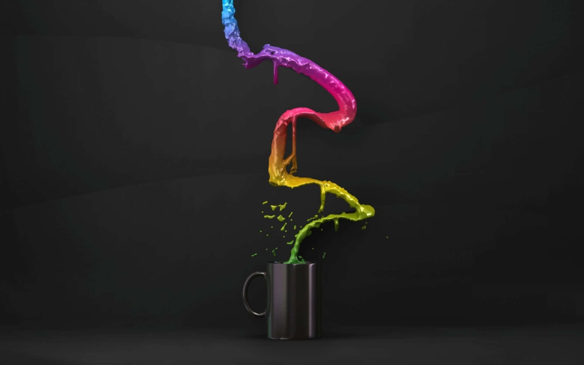 Color Splash 桌布 壁紙 — 鮮豔的彩虹顏料飛濺從黑色馬克杯中動態噴出，背景為深色。
