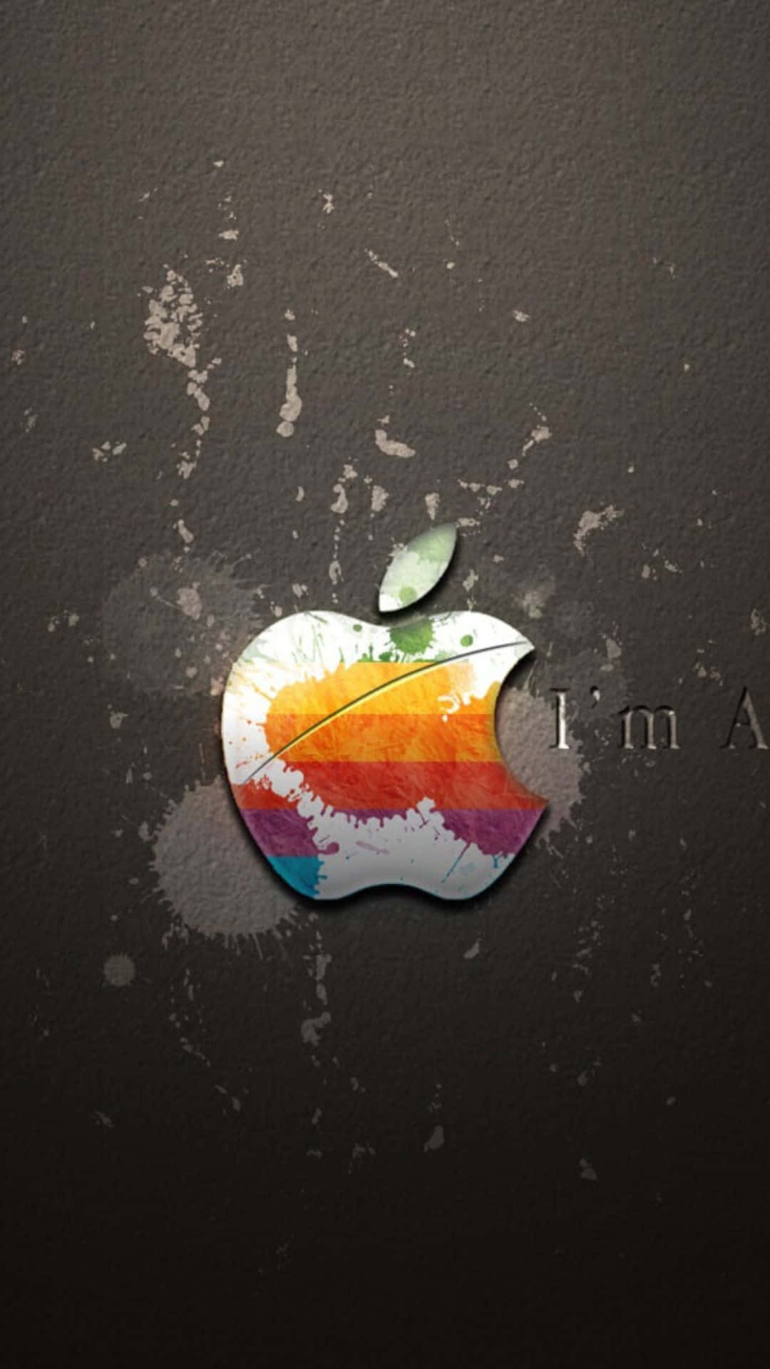 手機 桌布 壁紙 — 鮮豔的彩虹飛濺充滿了標誌性的Apple標誌，背景是帶有白色飛濺痕跡的紋理深灰色牆壁。