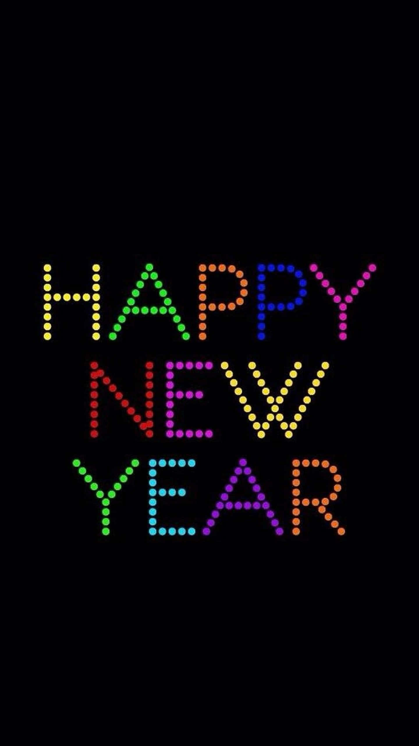 Happy New Year iPhone 桌布 壁紙 — 鮮豔的彩虹點陣字母在黑色背景上拼出「HAPPY NEW YEAR」。
