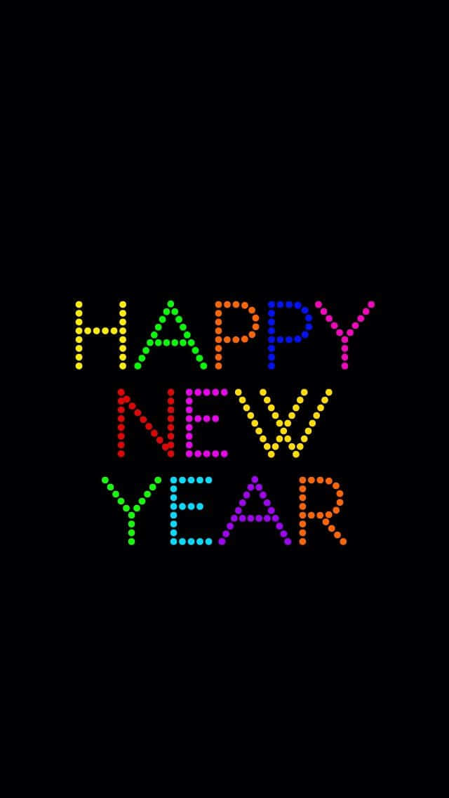 New Year Phone 桌布 壁紙 — 鮮豔的彩虹點陣文字在純黑背景上拼出「HAPPY NEW YEAR」。