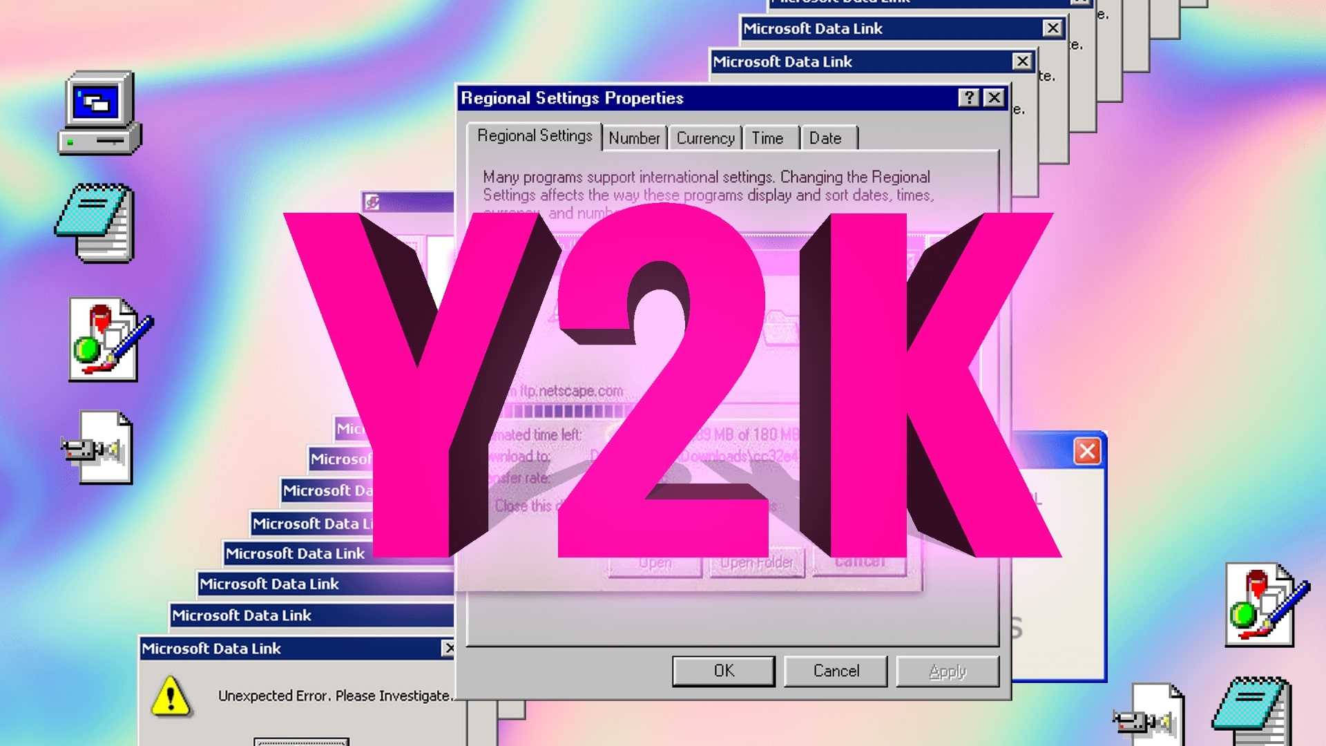 Y2K 桌布 壁紙 — 鮮豔的復古 Windows 95 桌面，帶有發光的粉紅色 Y2K 文字，覆蓋在充滿錯誤的系統視窗上，背景為彩虹漸變。