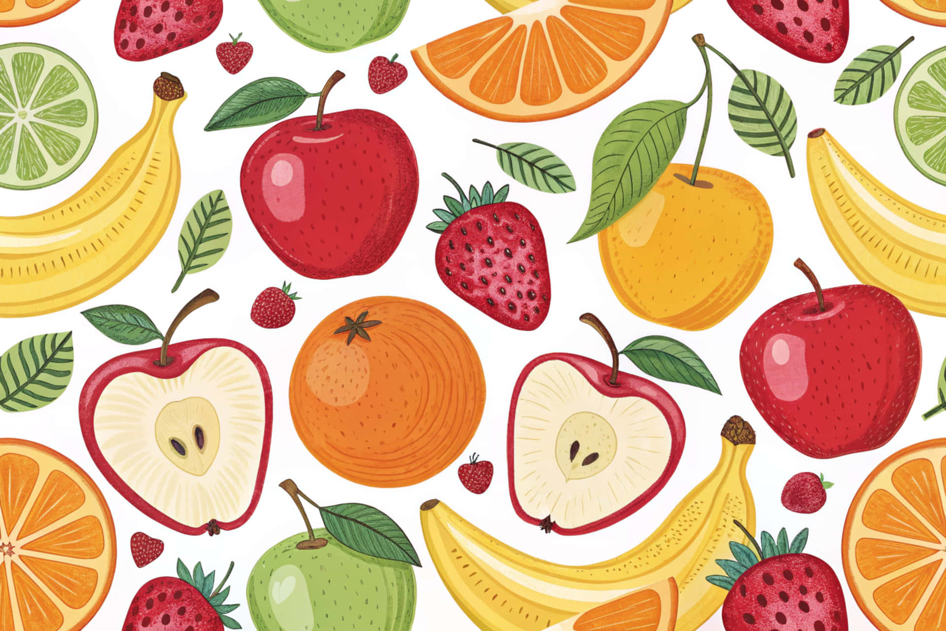 Fruit pattern 壁紙 — 鮮豔的手繪水果，包括蘋果、香蕉、柳橙和草莓，散落在白色背景上。