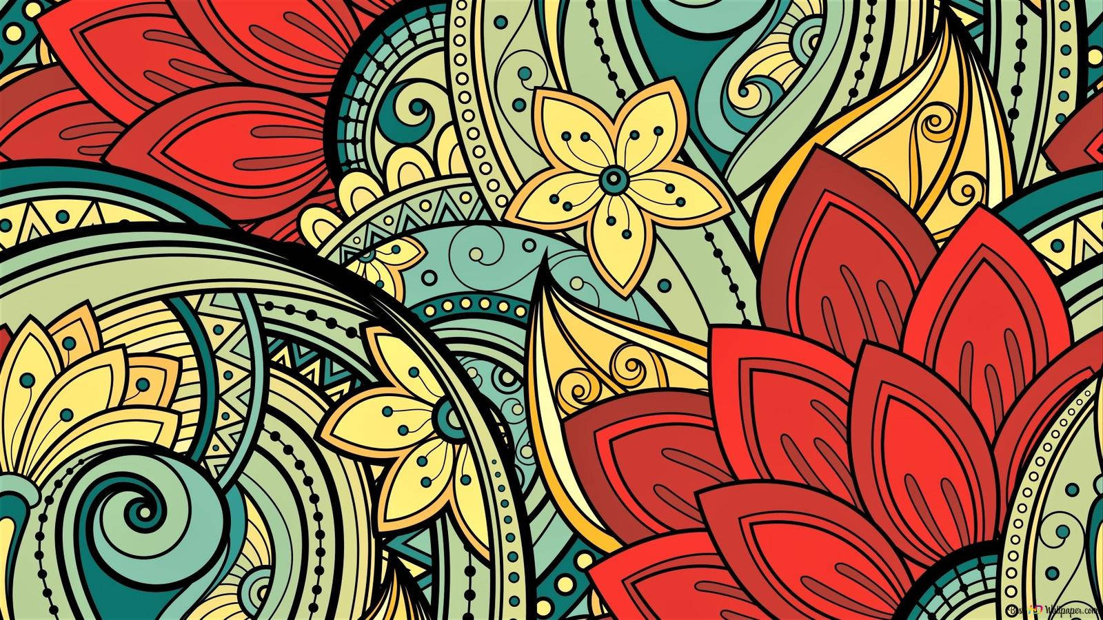 Art Desktop 桌布 壁紙 — 鮮豔的手繪花卉和佩斯利圖案，以紅色、黃色和青色呈現，營造出豐富的裝飾性壁紙設計。