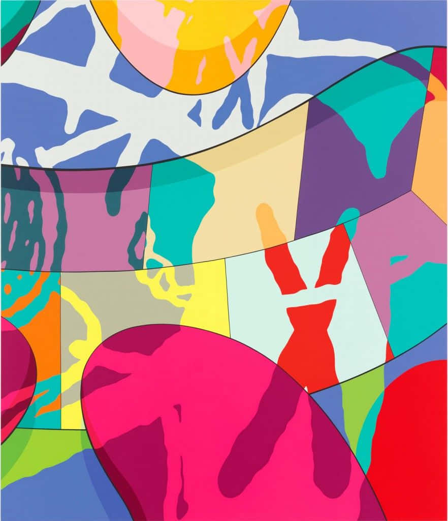 Kaws Artwork 桌布 壁紙 — 鮮豔的抽象形狀以大膽的色彩在充滿動感的數位畫布上流動，帶有流暢的漸變和幾何形態。