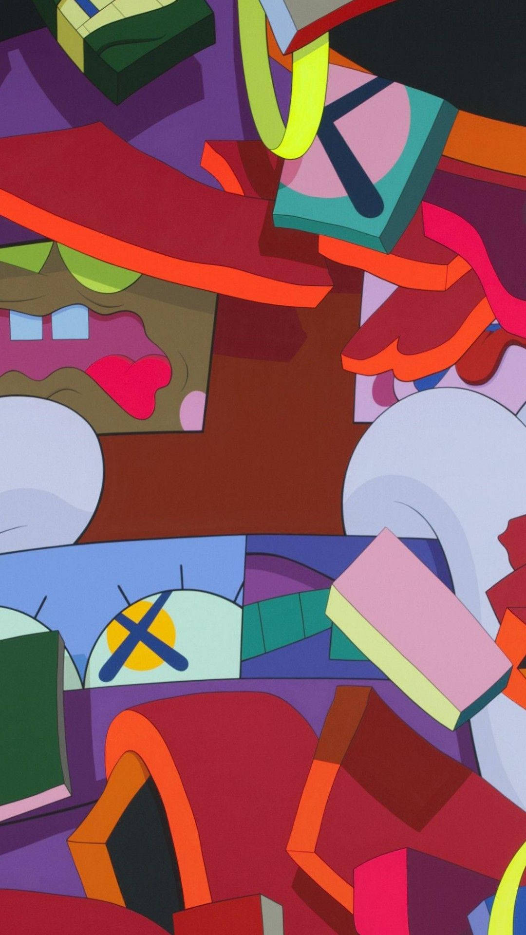 kaws 4K 桌布 壁紙 — 鮮豔的抽象形狀以大膽色彩碰撞，構成動態的數位藝術作品。