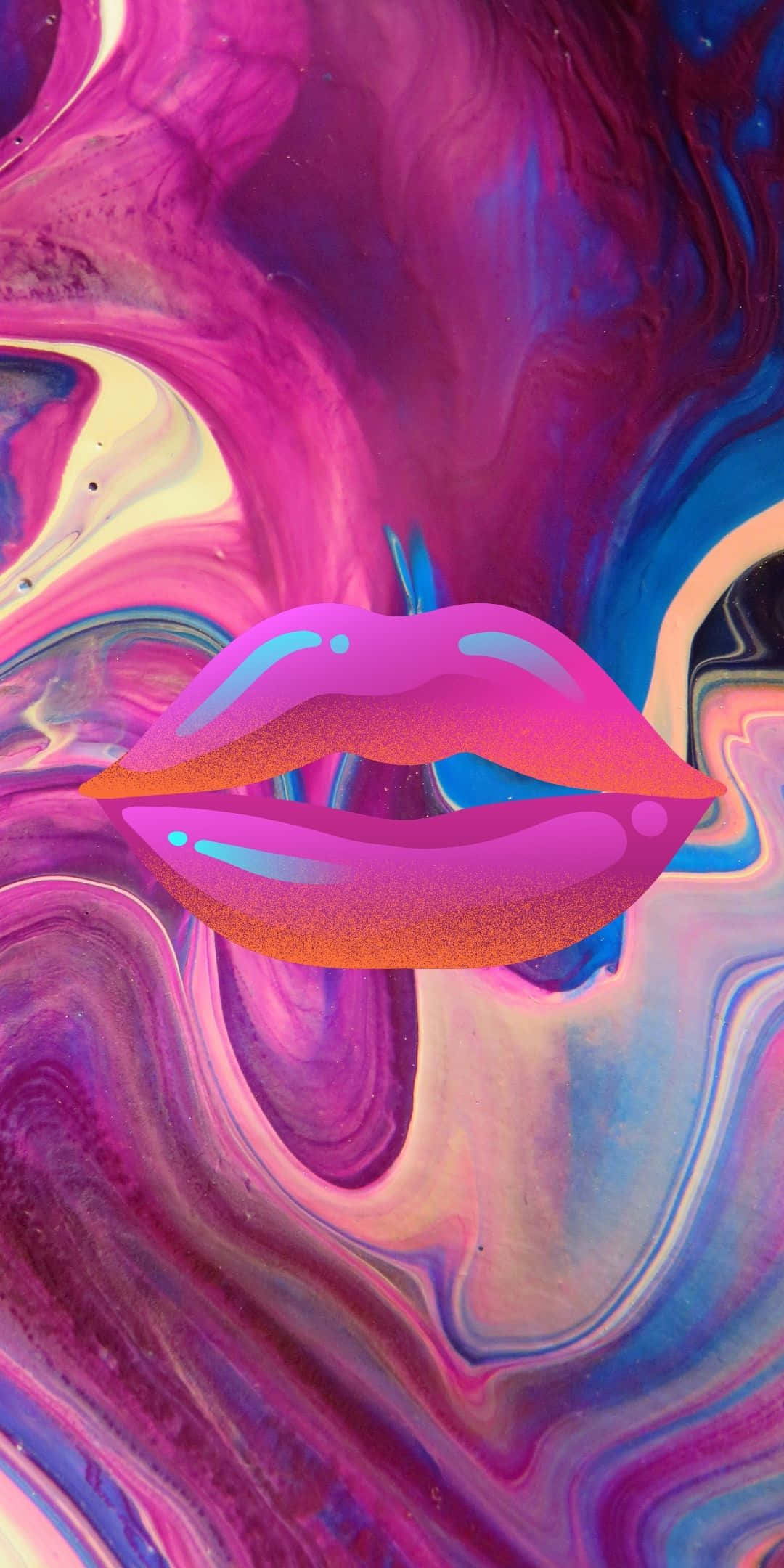 酷 桌布 壁紙 — 鮮豔的數位嘴唇在旋轉的宇宙星雲中發光，呈現洋紅色、藍色和金色。