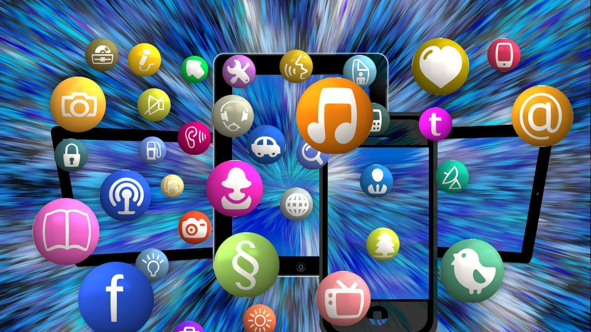 Social 桌布 壁紙 — 鮮豔的數位圖示在旋轉的藍色宇宙背景前動態地漂浮在智慧型手機周圍。