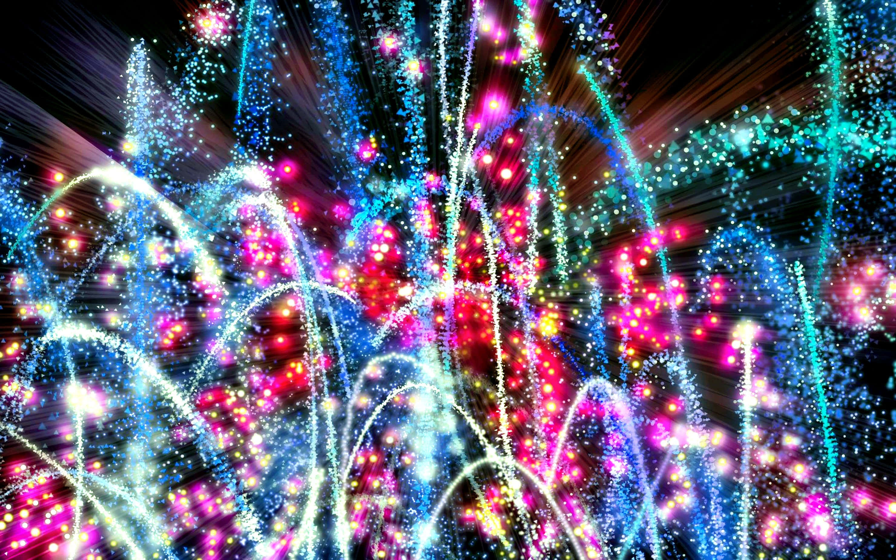 firework 桌布 壁紙 — 鮮豔的數位煙火在黑暗的天空中爆炸成粉紅色、藍色和藍綠色的旋轉弧線。