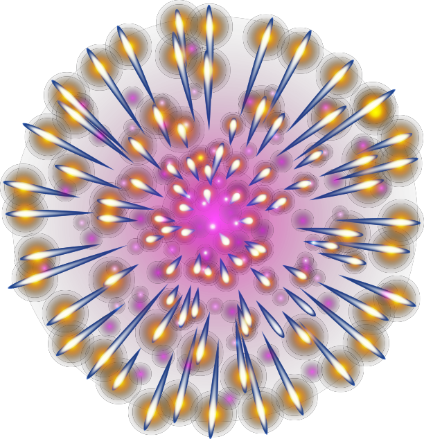 Fireworks 桌布 壁紙 — 鮮豔的數位煙火在黑色虛空中綻放出耀眼的紫色、金色和藍色，形成令人眼花繚亂的對稱爆炸。