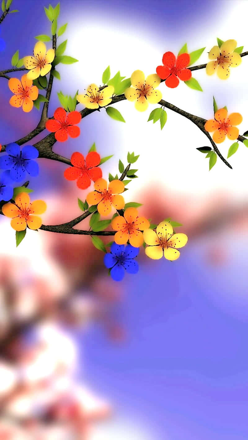 花 桌布 壁紙 — 鮮豔的數位花朵以紅色、黃色和藍色在深色樹枝上綻放，背景是柔和模糊的天空。