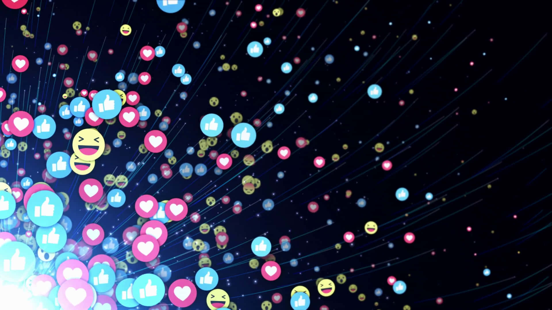 Social Media Icons 桌布 壁紙 — 鮮豔的數位表情符號和心形在黑暗的宇宙背景上漂浮，如同星際虛空中的發光粒子。